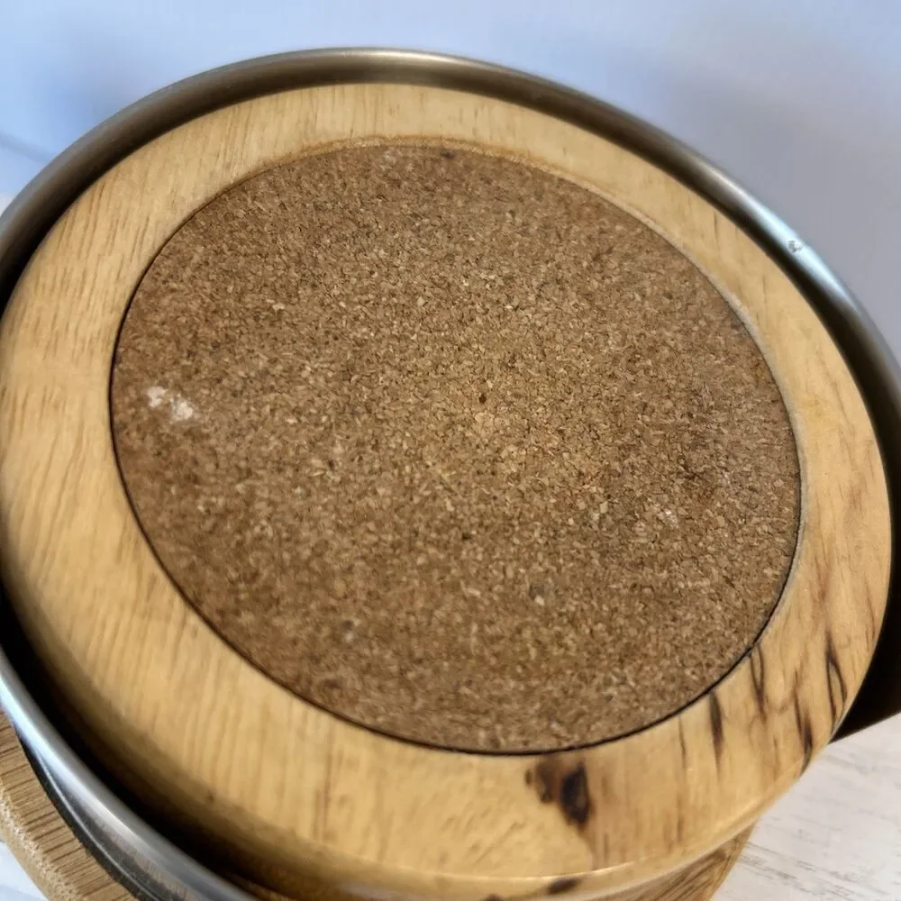 2015 BETTER HOMES Set Of 4 BAMBOO & CORK COASTERS IN Metal Holder